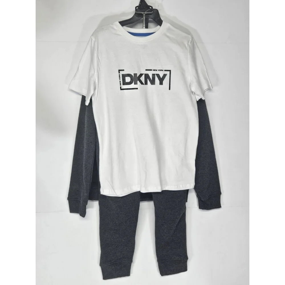 DKNY Size Boys 10, Set Of 3,‎ Grey Sweatshirt/Grey Pants/Crew Neck Logo T Shirt